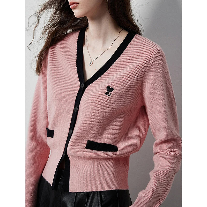 TOYOUTH Women Knitted Sweater 2024 Autumn New V neck Slim Waist Long Sleeve Contrasting Color Woolen Cardigan Tops