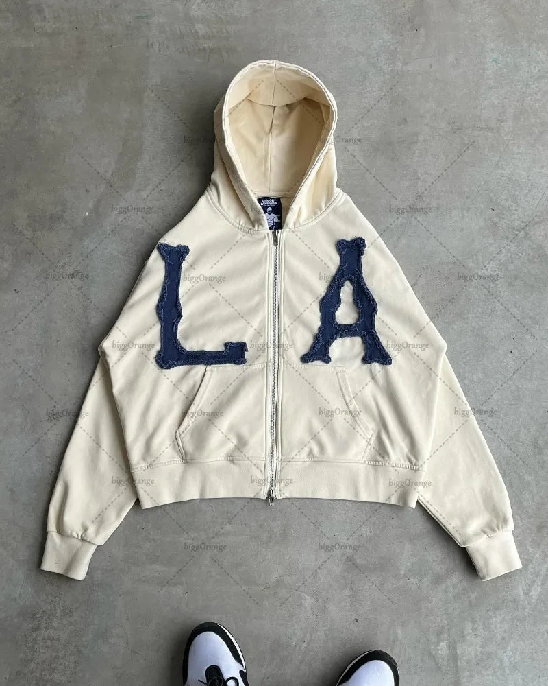 Y2k Harajuku Retro Trendy Brand Letter Embroidery Oversized Sweatshirt Women High Street Fashion Loose Zipper Hoodie Men