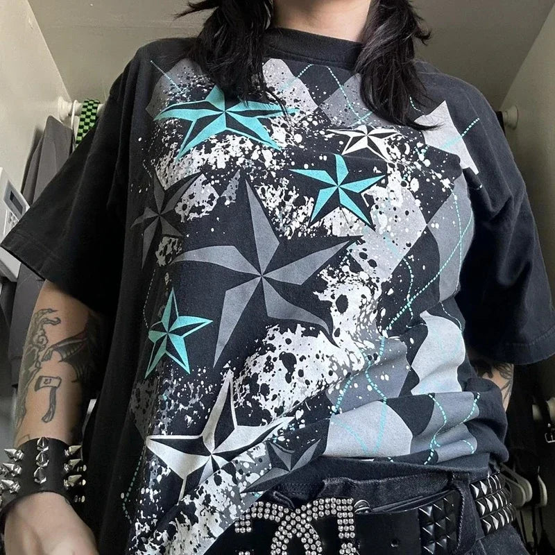 2000s Cyber Grunge Graphic T-shirt Y2K Star Skull Print Short Sleeve Tees Japanese Emo Vintage E girl Gothic T shirt Women Men