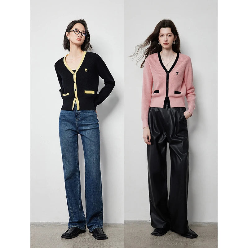 TOYOUTH Women Knitted Sweater 2024 Autumn New V neck Slim Waist Long Sleeve Contrasting Color Woolen Cardigan Tops