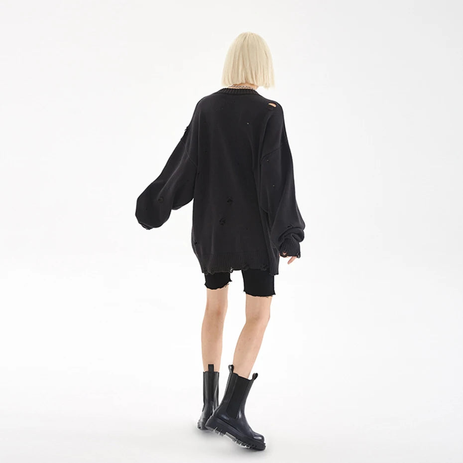 Fashion Ripped Sweaters Harajuku Streetwear Sweaters Men Black White Hip Hop Jumpers Knitted Pullovers Unisex 2023 Y2K Sweater