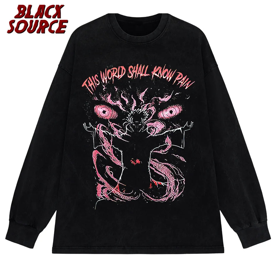 black source Anime Pain Printed T Shirt Men Retro Washed 100% Cotton Tops Tees Harajuku Tshirt Streetwear Hip Hop Male T-shirts