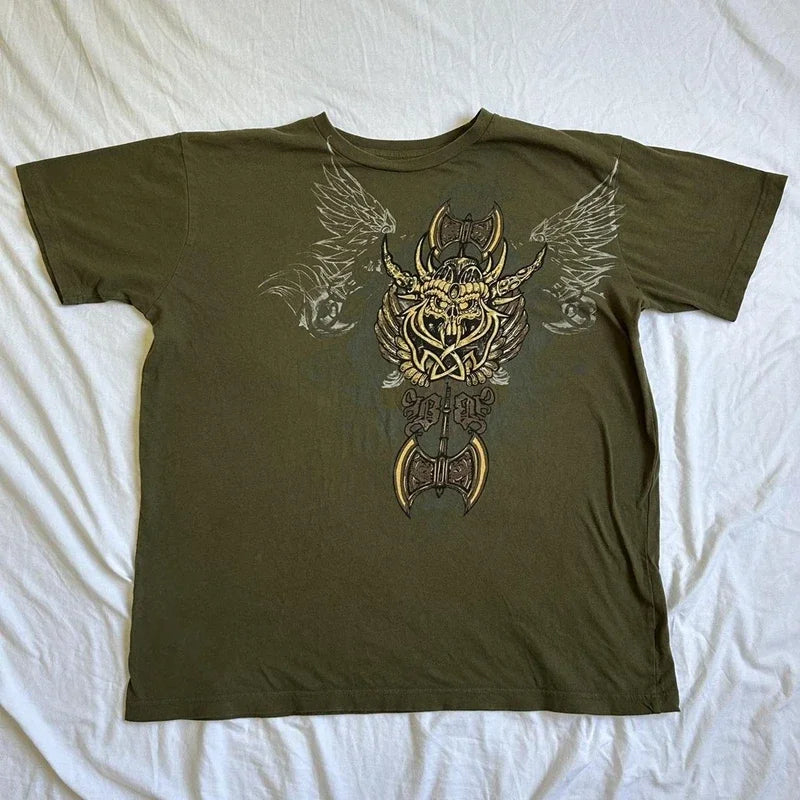2000s Cyber Grunge Graphic T-shirt Y2K Star Skull Print Short Sleeve Tees Japanese Emo Vintage E girl Gothic T shirt Women Men