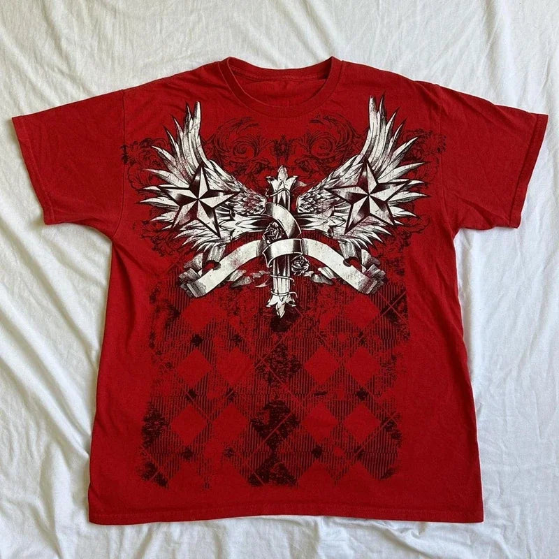 2000s Cyber Grunge Graphic T-shirt Y2K Star Skull Print Short Sleeve Tees Japanese Emo Vintage E girl Gothic T shirt Women Men