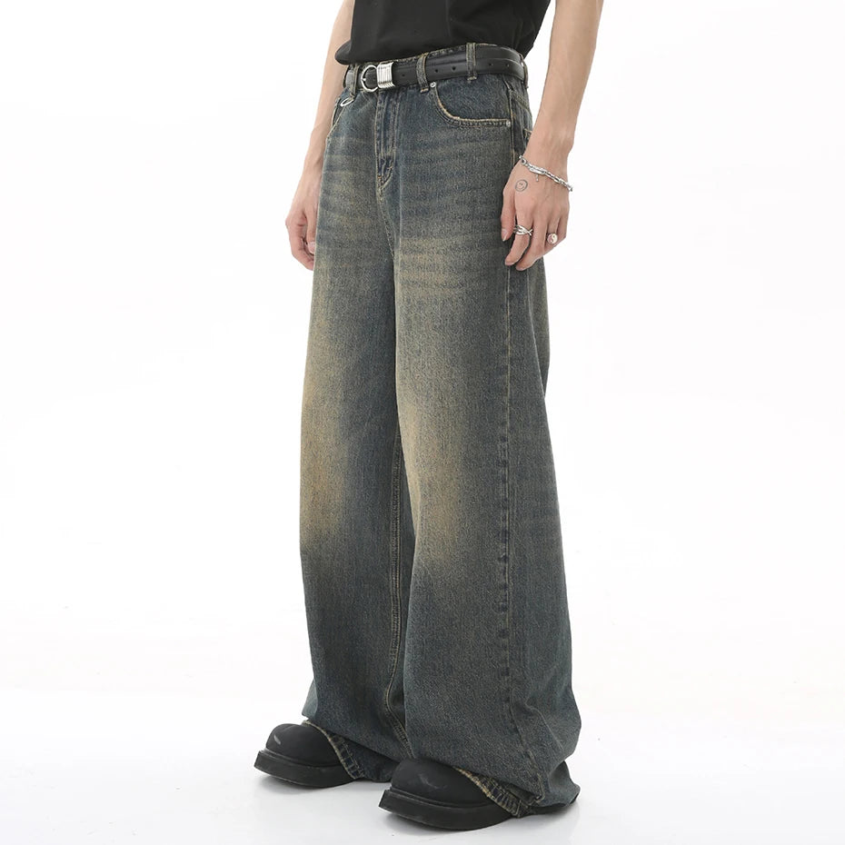 Vintage Blue Loose Denim Pants Men Retro Straight Baggy Jeans 2023 Wide Leg Casual Black Jeans Trousers