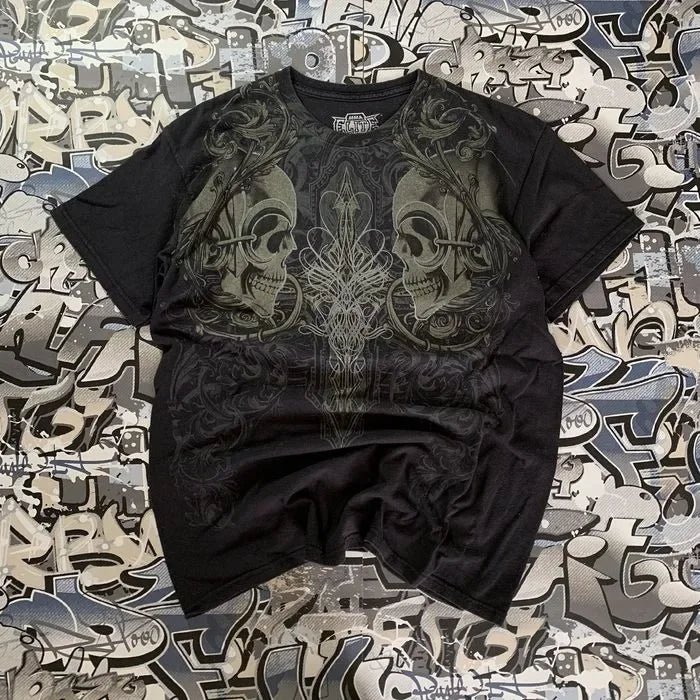 New Harajuku Summer Casual Retro Hip-Hop Grunge Skull Cross Pattern Men's T-shirt Retro Fashion Street Wind Short-Sleeved Tops