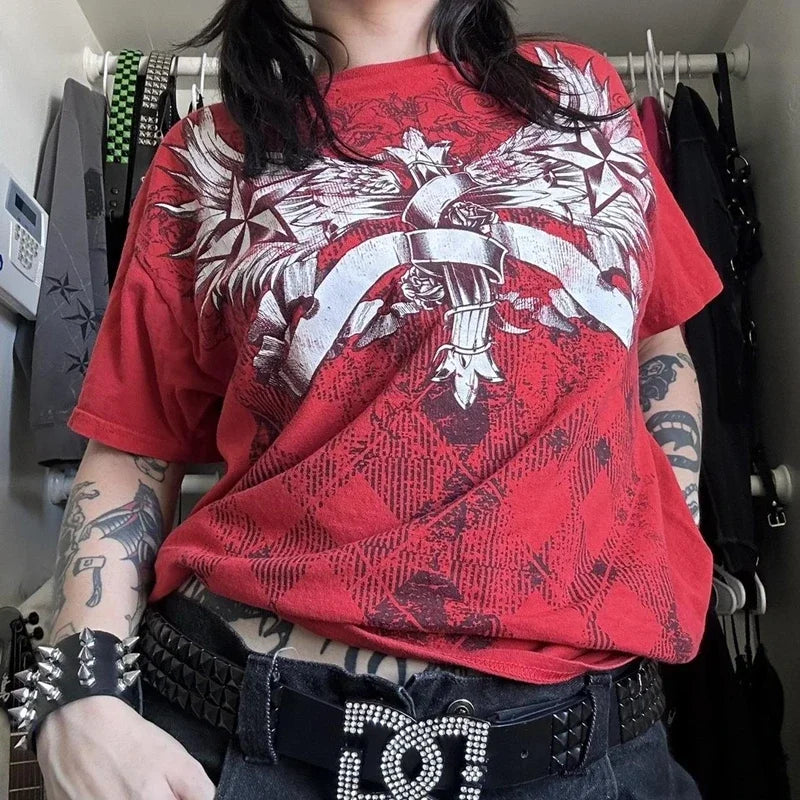 2000s Cyber Grunge Graphic T-shirt Y2K Star Skull Print Short Sleeve Tees Japanese Emo Vintage E girl Gothic T shirt Women Men