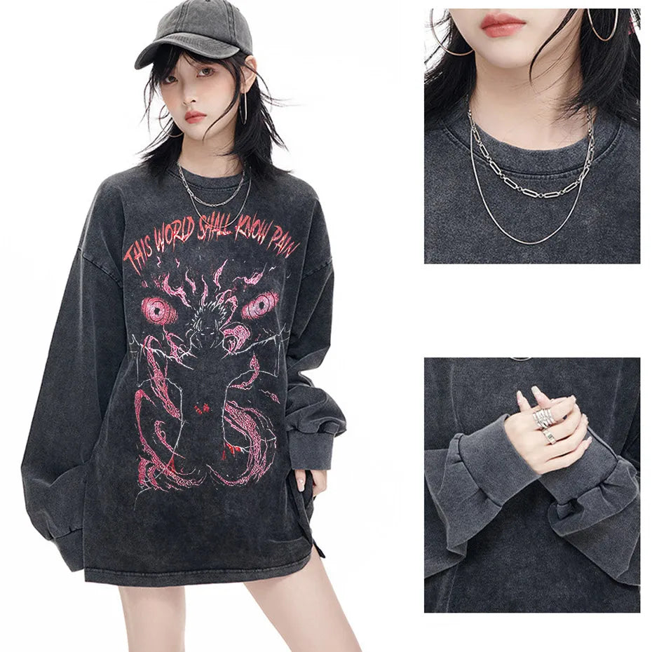 black source Anime Pain Printed T Shirt Men Retro Washed 100% Cotton Tops Tees Harajuku Tshirt Streetwear Hip Hop Male T-shirts