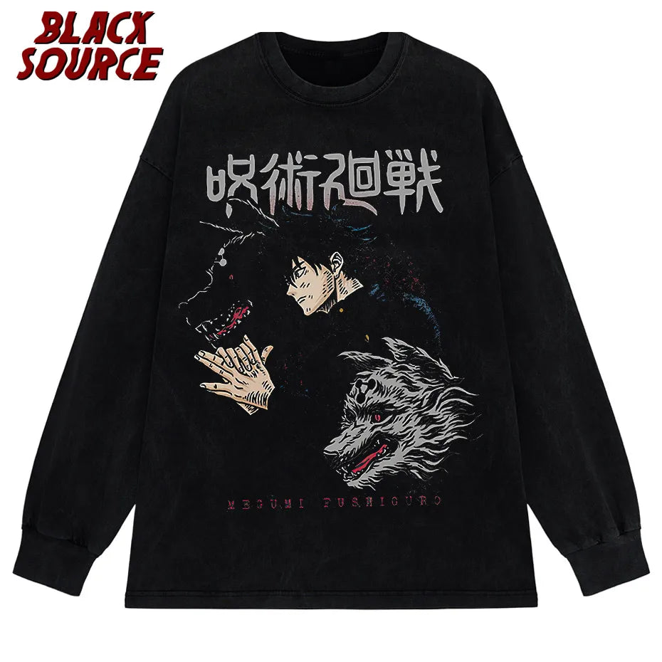 Men Harajuku Black Washed T-Shirt Hip Hop Streetwear Graphic T Shirt Cotton Casual Tshirt Summer Short Sleeve Tops Japan Anime