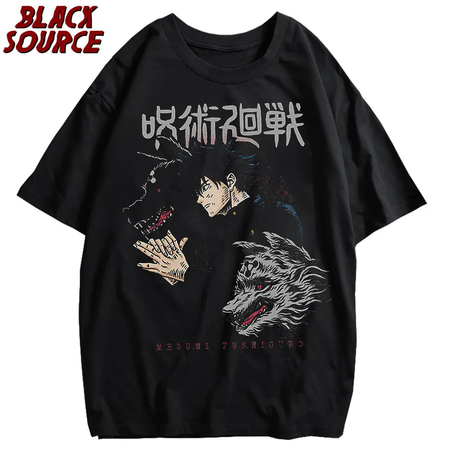 Men Harajuku Black Washed T-Shirt Hip Hop Streetwear Graphic T Shirt Cotton Casual Tshirt Summer Short Sleeve Tops Japan Anime