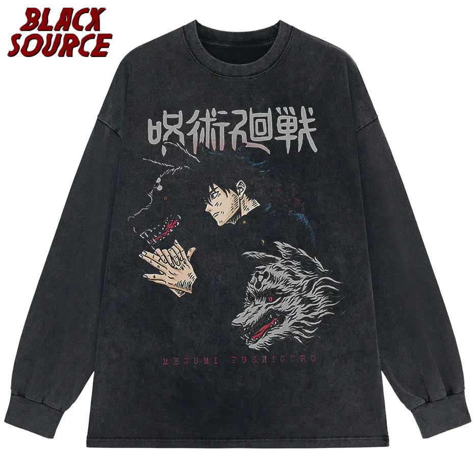Men Harajuku Black Washed T-Shirt Hip Hop Streetwear Graphic T Shirt Cotton Casual Tshirt Summer Short Sleeve Tops Japan Anime