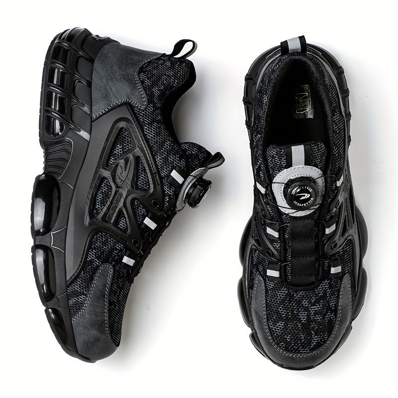 Plus Size Men's Solid Color Steel Toe & Puncture Proof Safety Shoes With Rotating Buckle, Comfy Non Slip Durable Shock Absorbing Work Shoes, Men's Industrial Footwear