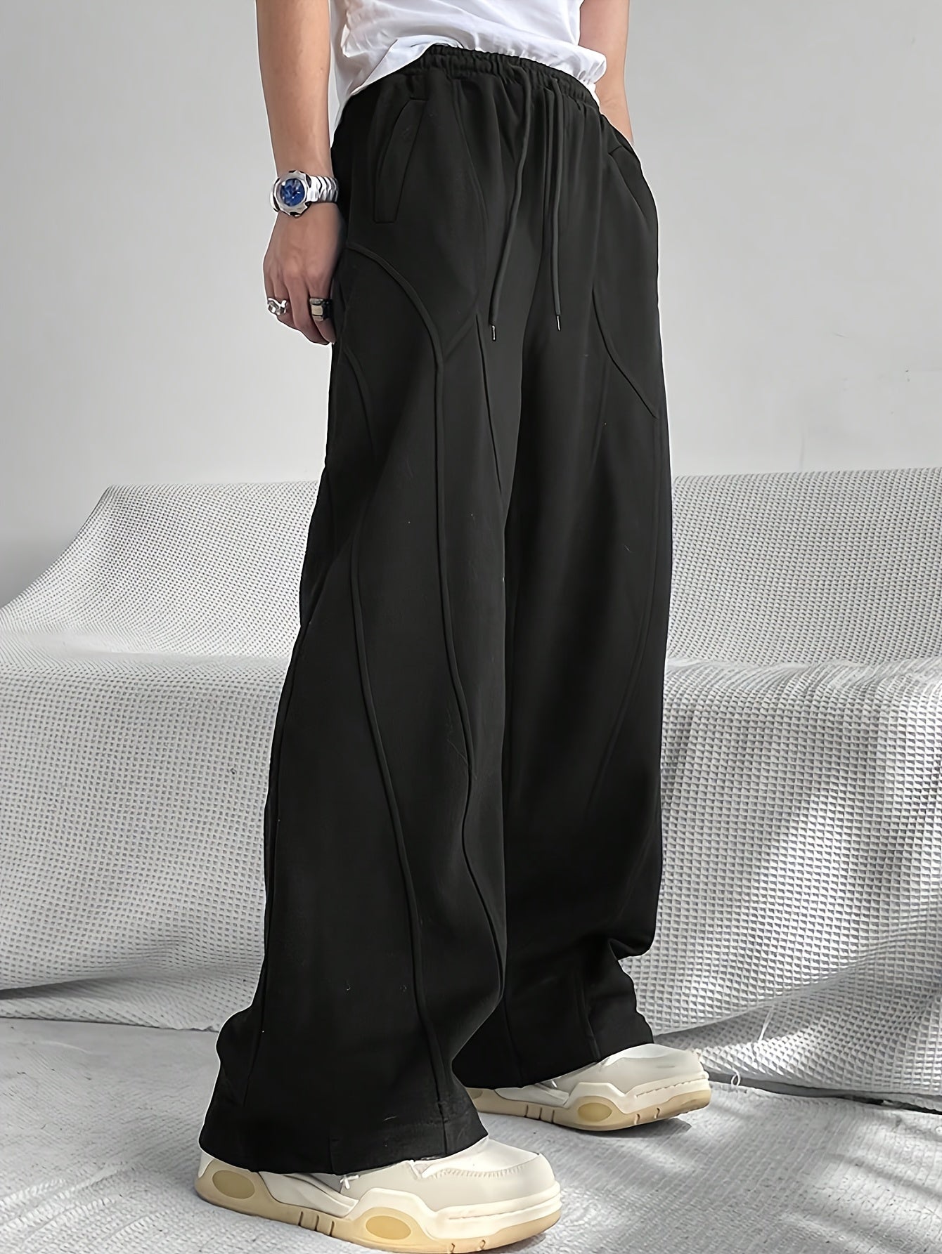 Men's Casual Loose Fit Wide Leg Drawstring Sweatpants, Lightweight Comfy Pants For Sport And Casual Wear
