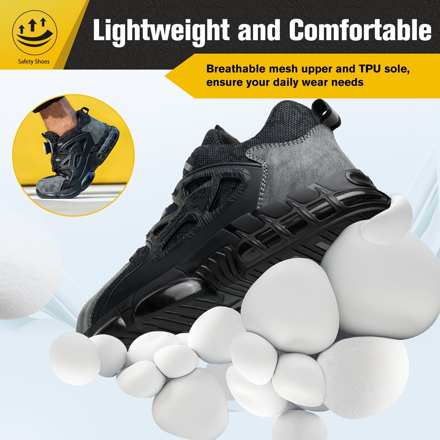 Plus Size Men's Solid Color Steel Toe & Puncture Proof Safety Shoes With Rotating Buckle, Comfy Non Slip Durable Shock Absorbing Work Shoes, Men's Industrial Footwear
