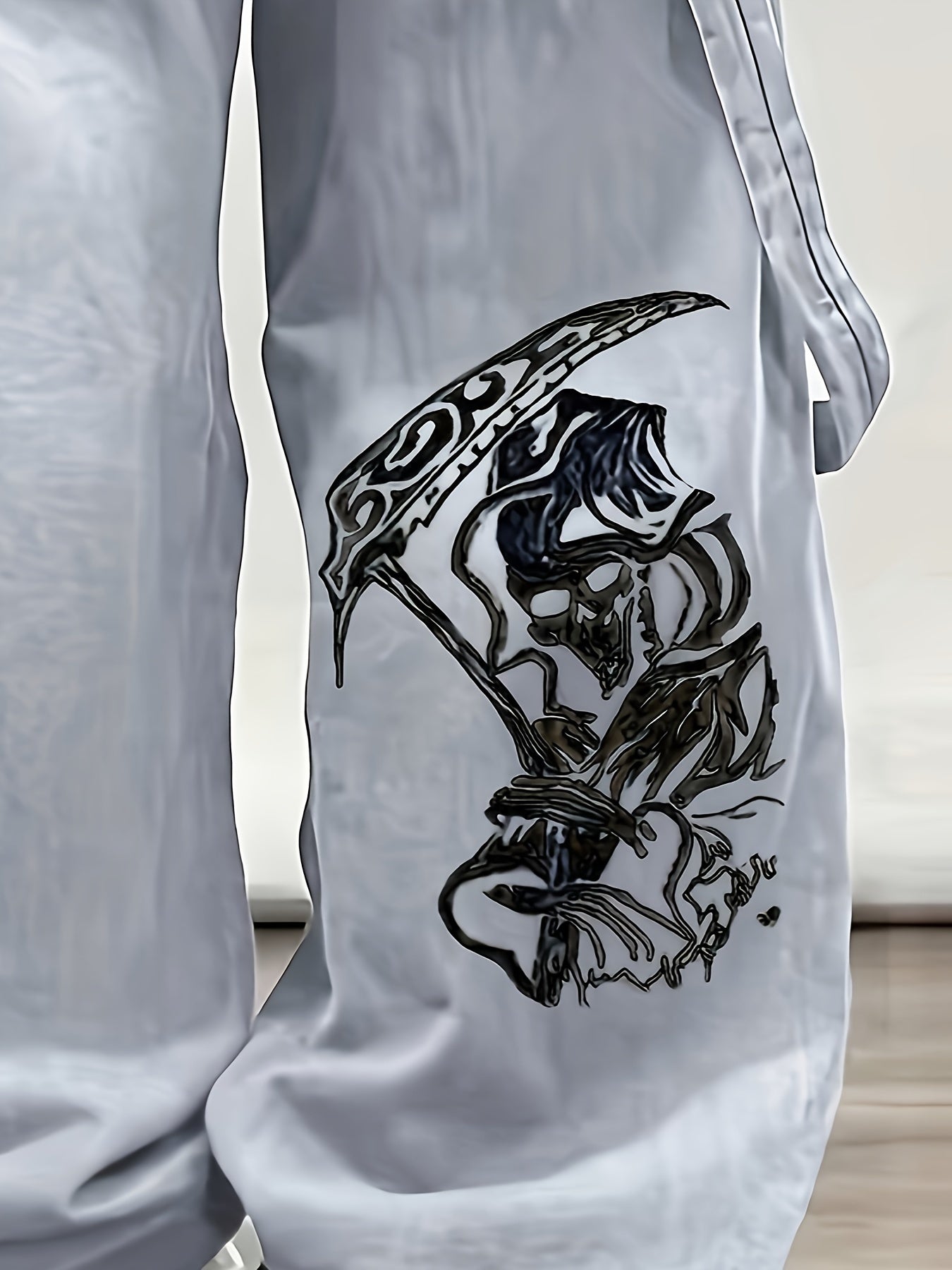 Men's Y2K Style Cotton Blend Jeans, Gothic Scythe Print, Loose Fit, Regular Length, Unstretched Denim, All-Season, Streetwear, Adult Casual Wear
