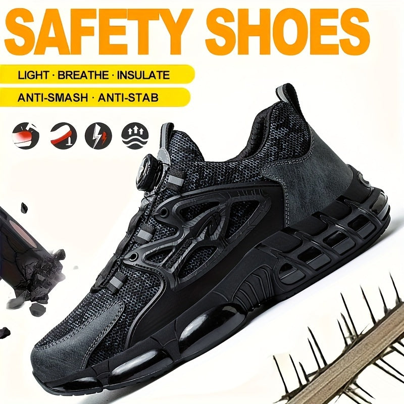 Plus Size Men's Solid Color Steel Toe & Puncture Proof Safety Shoes With Rotating Buckle, Comfy Non Slip Durable Shock Absorbing Work Shoes, Men's Industrial Footwear