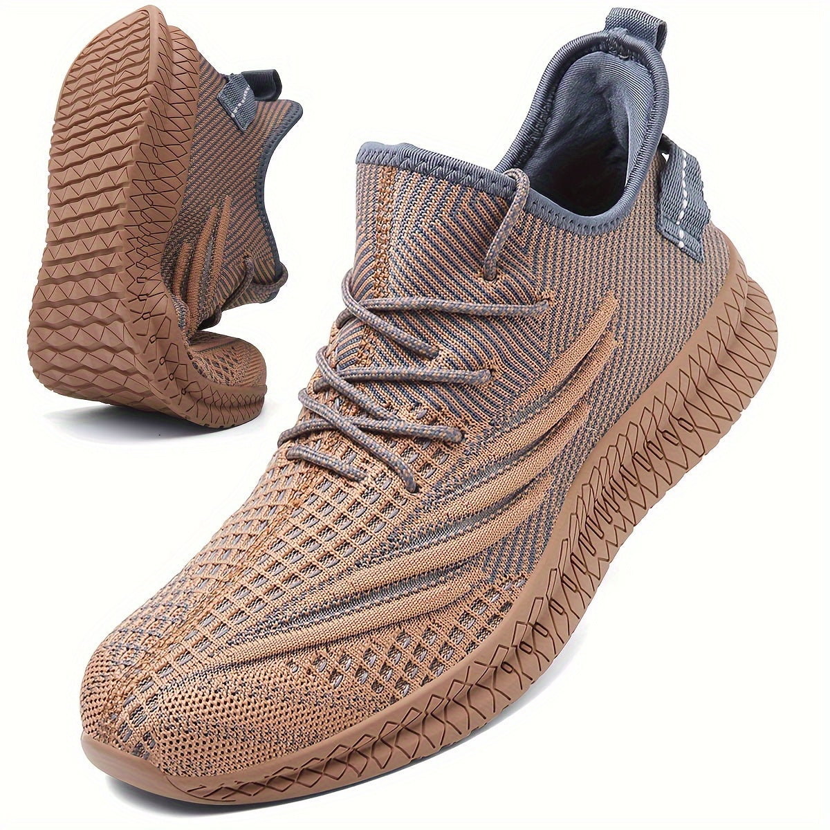 Plus Size Men's Trendy Woven Knit Breathable Sneakers, Comfy Non Slip Durable Lace Up Shoes For Men's Outdoor Activities