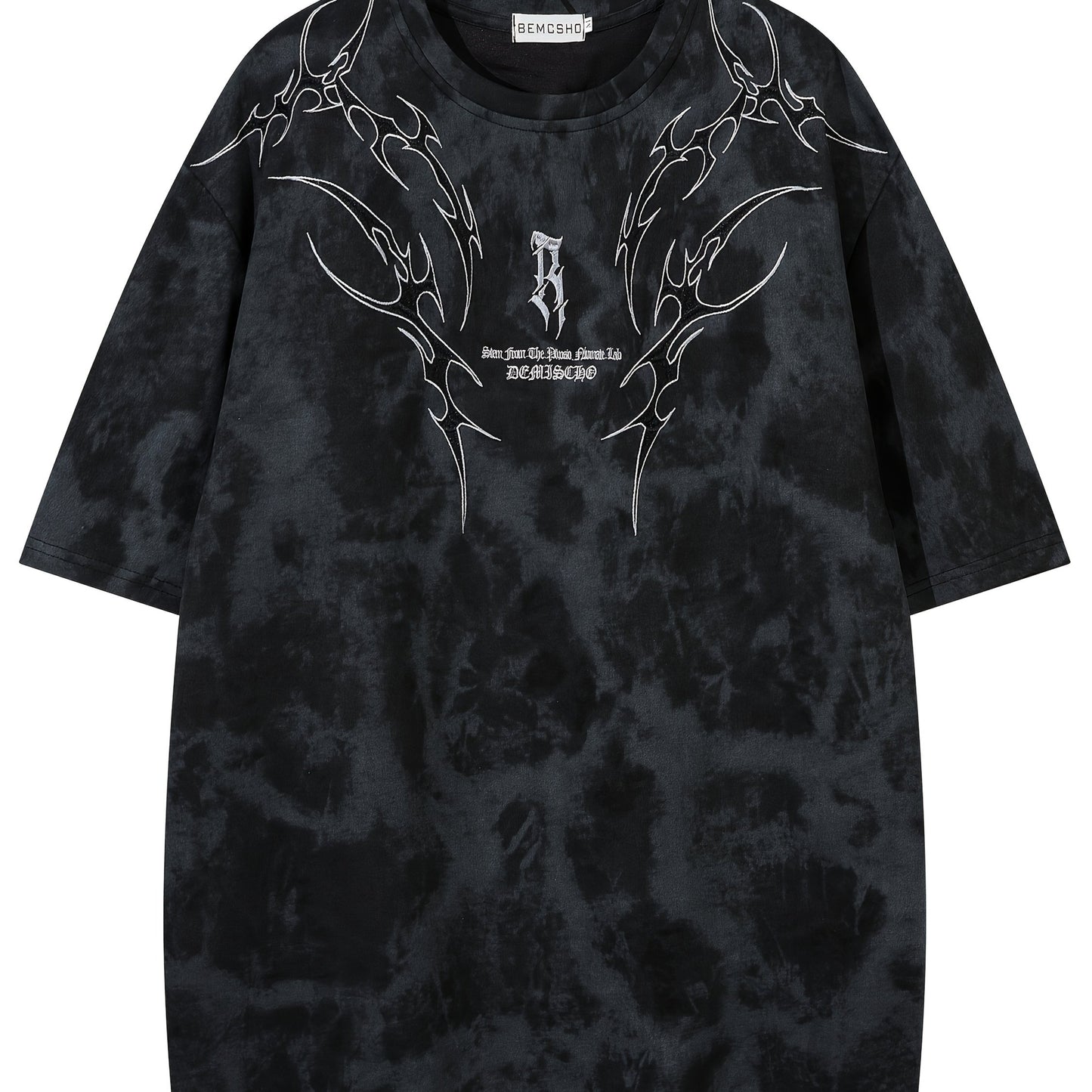 Men's Summer Fashion Tie-Dye Vintage Letter Embroidery Short Sleeve T-Shirt, Casual Round Neck, Polyester and Elastane Blend, Plus Size Tshirts