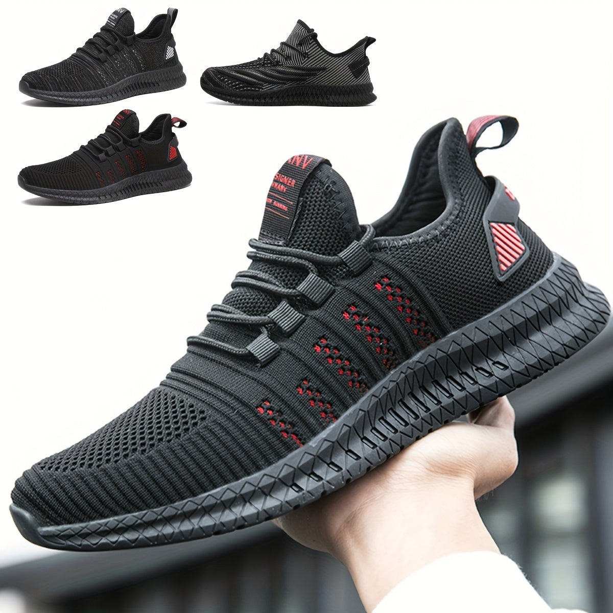 Plus Size Men's Trendy Woven Knit Breathable Sneakers, Comfy Non Slip Durable Lace Up Shoes For Men's Outdoor Activities