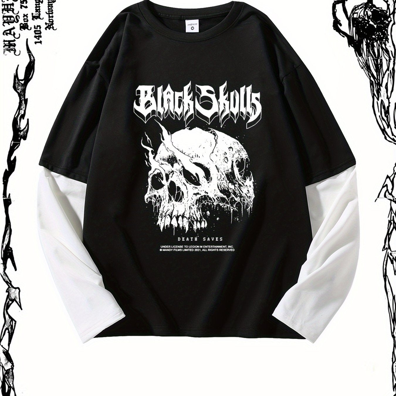 J036BLACK Skull Print Fashion Loose Unisex Faux Two-Piece T-Shirt Features a Simple And Elegant Design, with Geometric Pattern Elements Available in Black, Gray, Red, And Purple, Suitable for Both Men And Women.