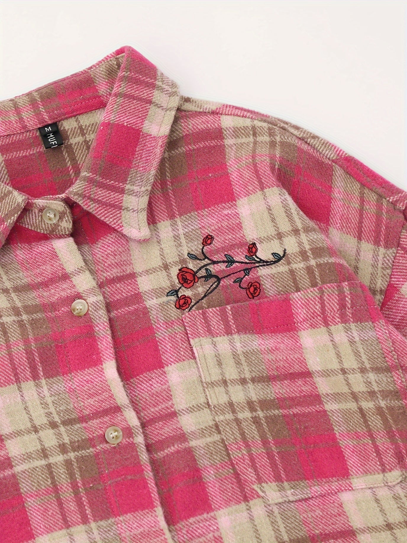 WUKONGYOUHUO Teen Hip-Hop Embroidered Tassel Checkered Long Sleeve Shirt, Casual Loose Fit Lapel Collar, 35% Cotton 63% Polyester 2% Viscose, Slight Stretch, Woven, 180g/m², Spring/Fall