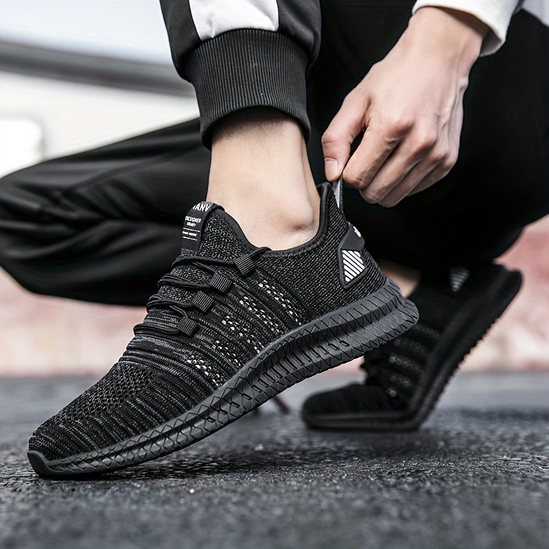 Plus Size Men's Trendy Woven Knit Breathable Sneakers, Comfy Non Slip Durable Lace Up Shoes For Men's Outdoor Activities