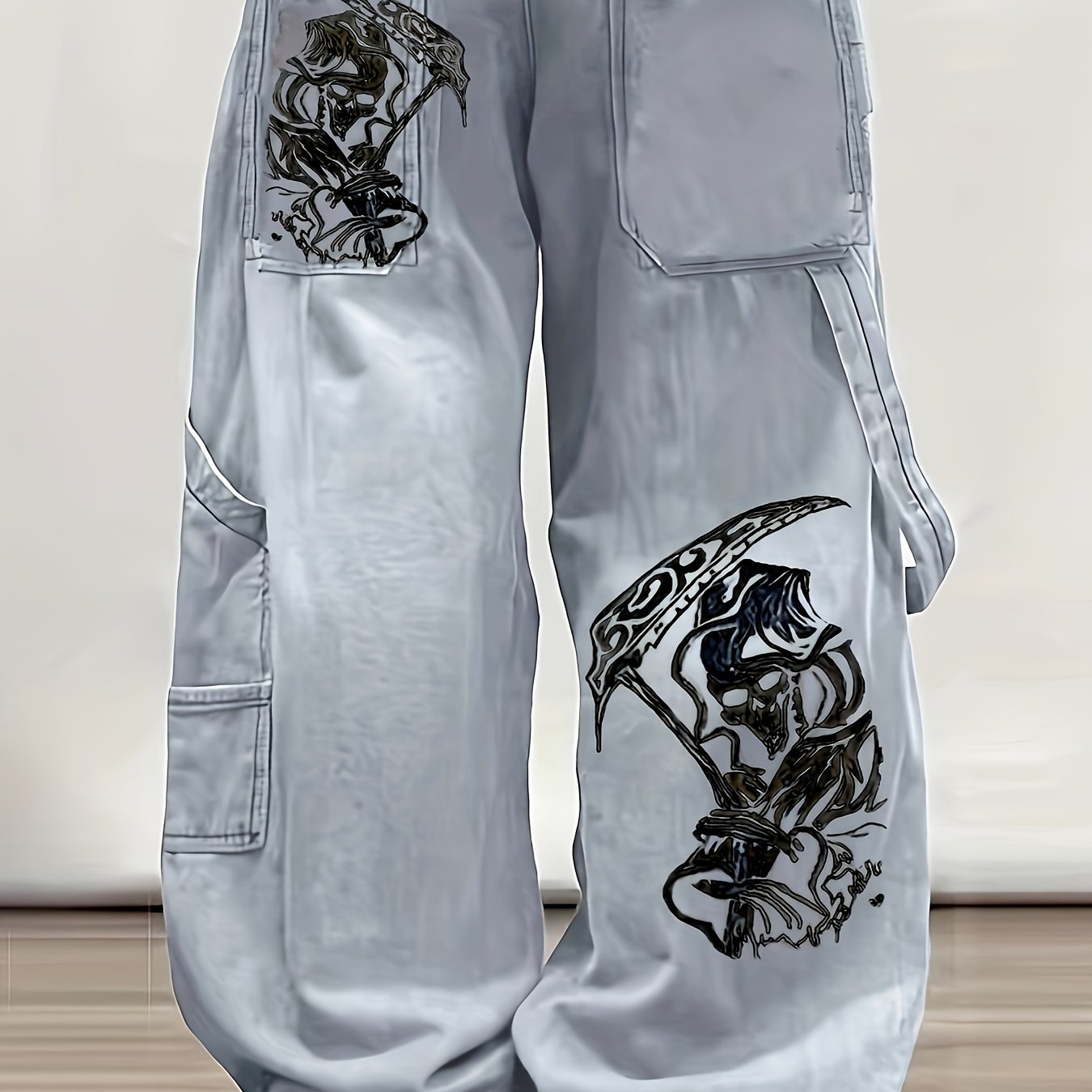 Men's Y2K Style Cotton Blend Jeans, Gothic Scythe Print, Loose Fit, Regular Length, Unstretched Denim, All-Season, Streetwear, Adult Casual Wear