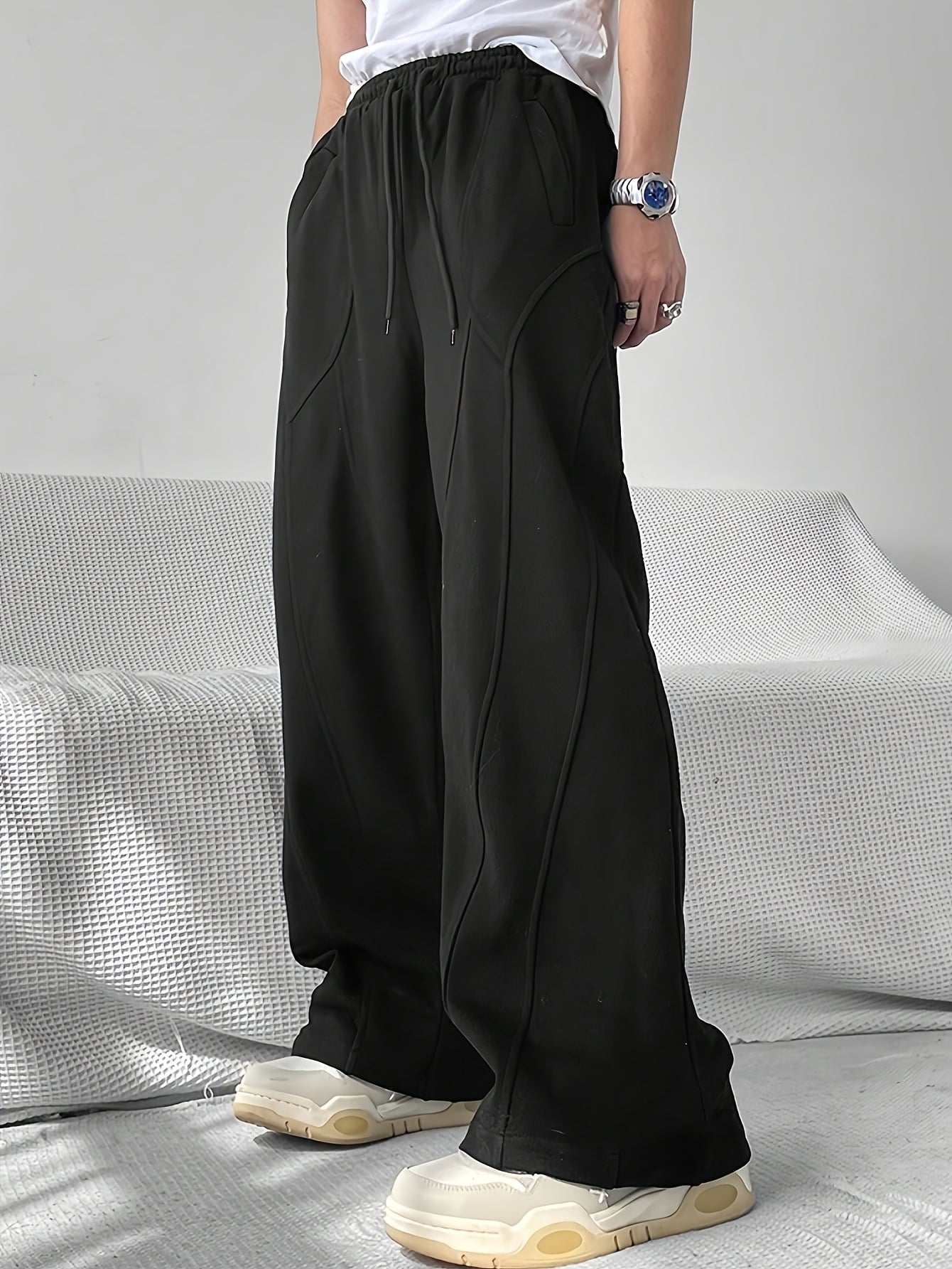 Men's Casual Loose Fit Wide Leg Drawstring Sweatpants, Lightweight Comfy Pants For Sport And Casual Wear