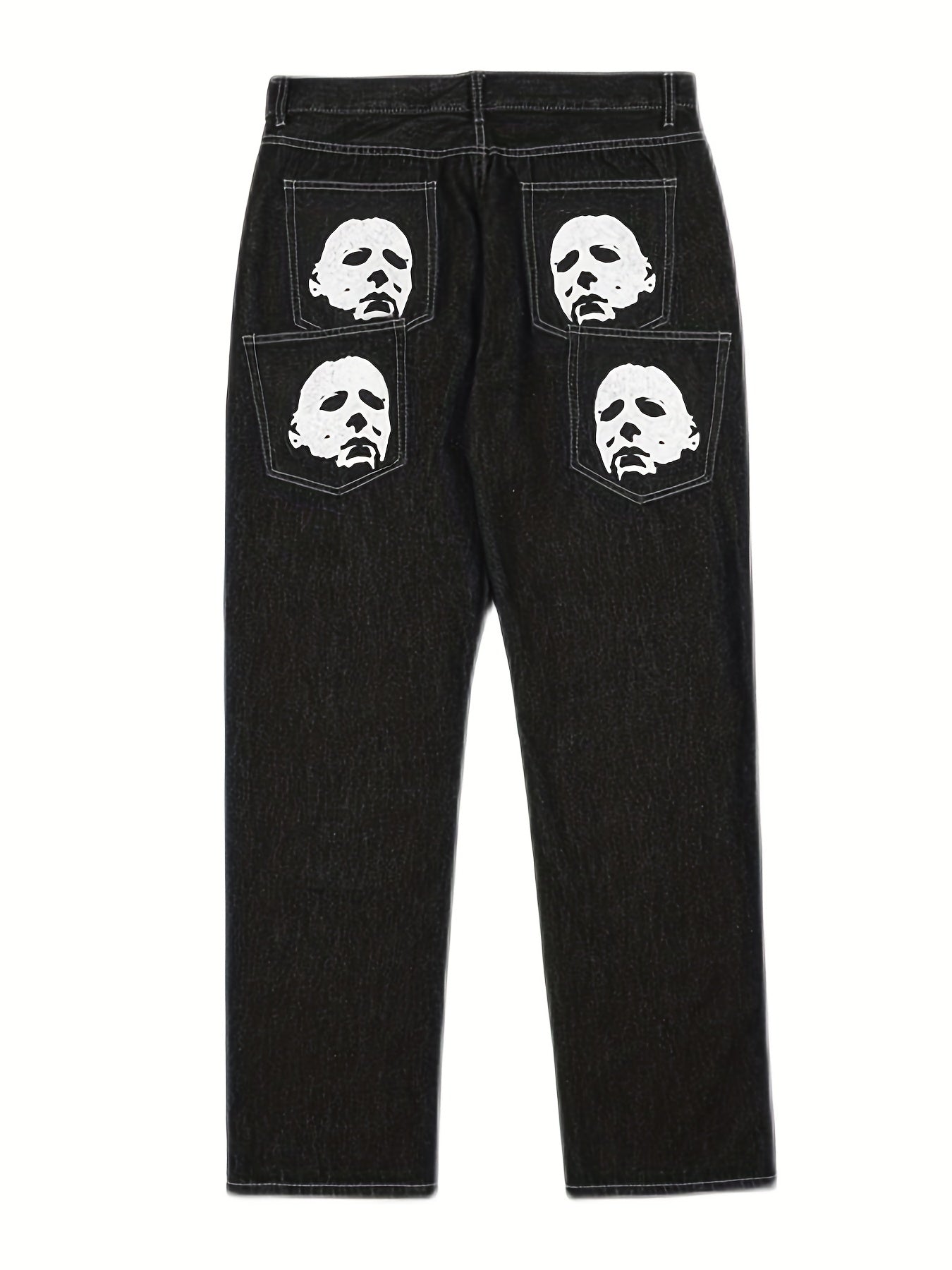 Halloween Denim Jeans for Adults, Casual Regular Fit with Portrait Print, Multi-Pocket Design, 95% Cotton 5% Polyester, Non-Stretch Fabric, All-Season Washed Style, 403g/m² Weight