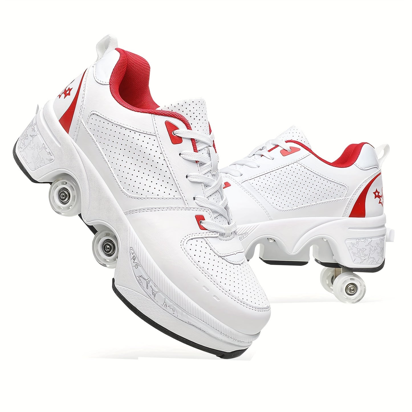 White Red Roller Skate Shoes For Men And WomenShoe - Breathable, Ergonomic, Impact Resistant, 2-in-1 Deformation Roller Skates&Sneakers, Double-Row Retractable Wheels Roller Shoes, For Casual Walking, Skating, Hiking, And Out