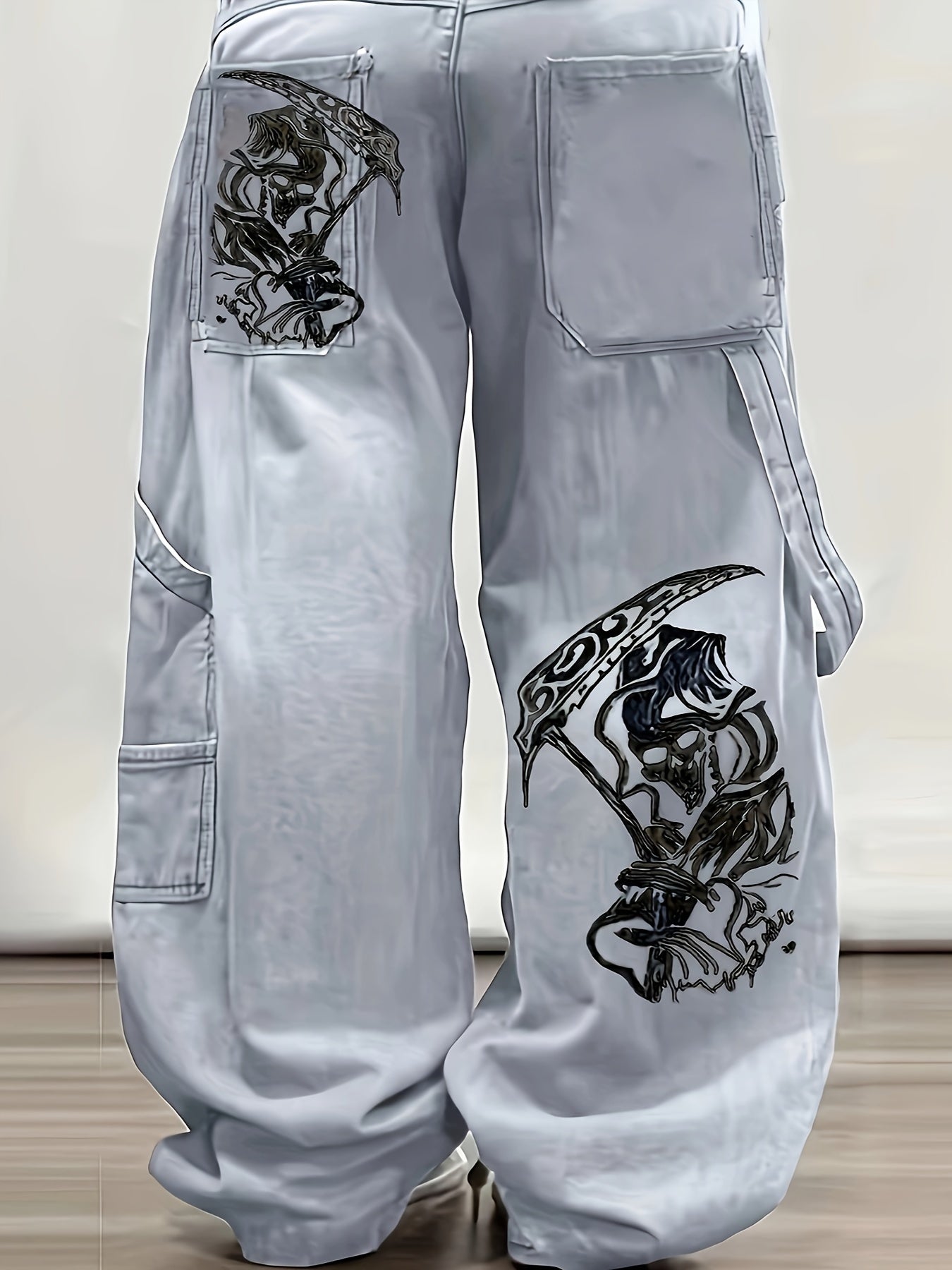 Y2K-Inspired Gothic Sickle Print Loose Fit Jeans with Large Pockets - Rayon Blend, Machine Washable