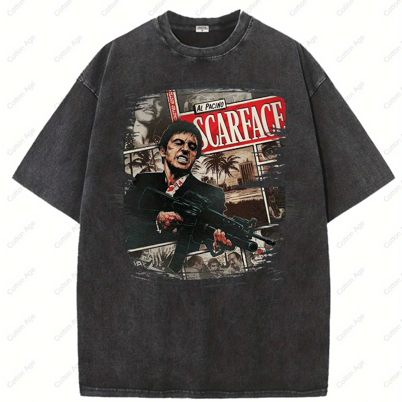 Scarface Al Pacino Movie Poster Iconic Character Action Scene Retro style, classic men's round neck T-shirt, pure cotton skin friendly