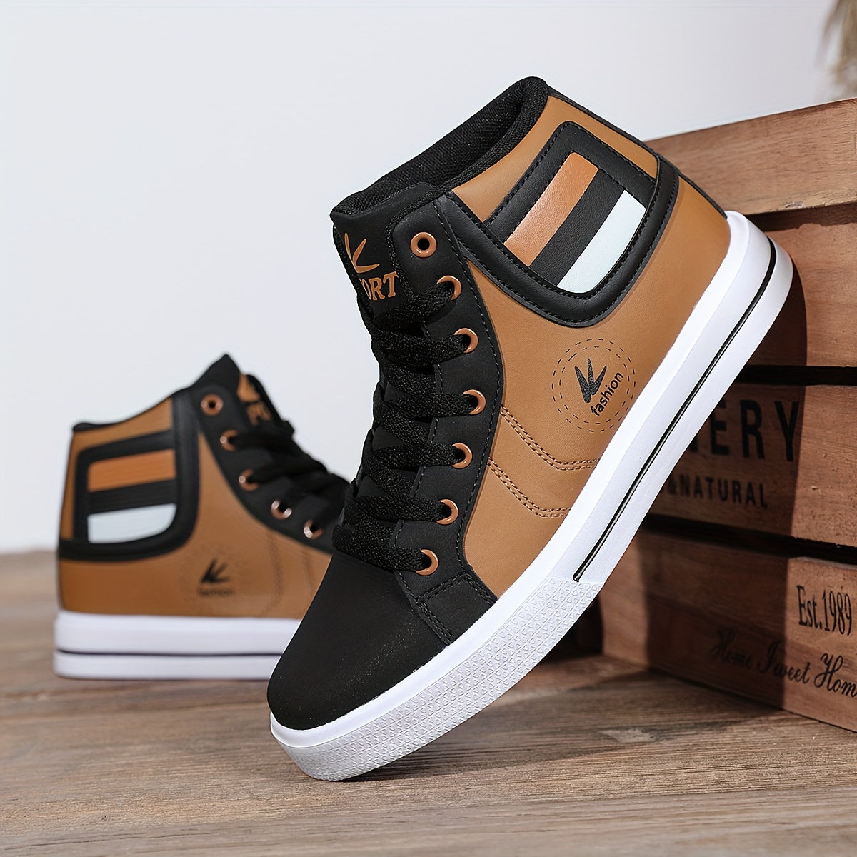 Men's High Top Skateboard Shoes Solid Classic Trendy Lace Up Non Slip Comfy For Outdoor Walking Hiking Jogging All Seasons