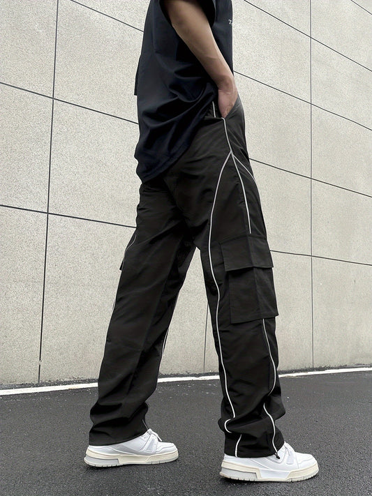 Men's Loose Striped Cargo Pants With Multi Pockets, Street Style Trousers For Outdoor Activities