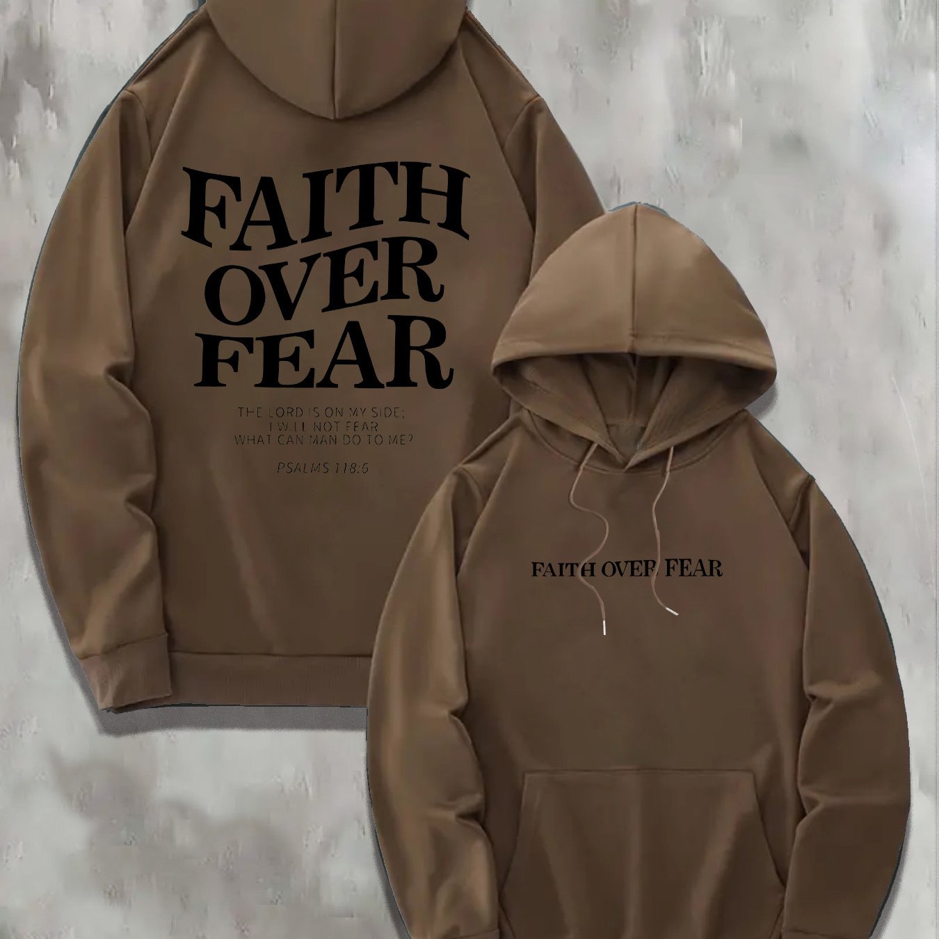 1pc KOURRTER Men'S Casual Polyester Hoodie with "Faith Over Fear" Print, Geometric Pattern, Slight Stretch Knit Fabric, Regular Fit, Hooded Collar, with Pocket - Fall/Winter Collection