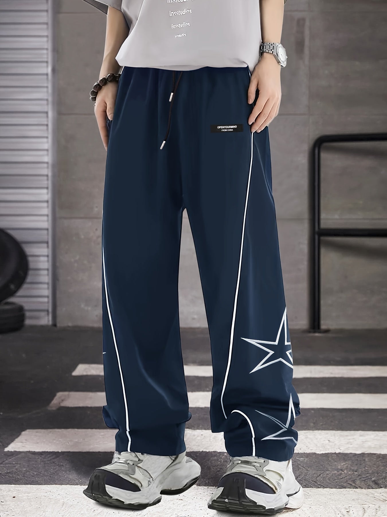 Men's Loose Star Embroidery Graphic Print Striped Track Pants With Pockets, Casual Drawstring Pants For Outdoor Activities Gift