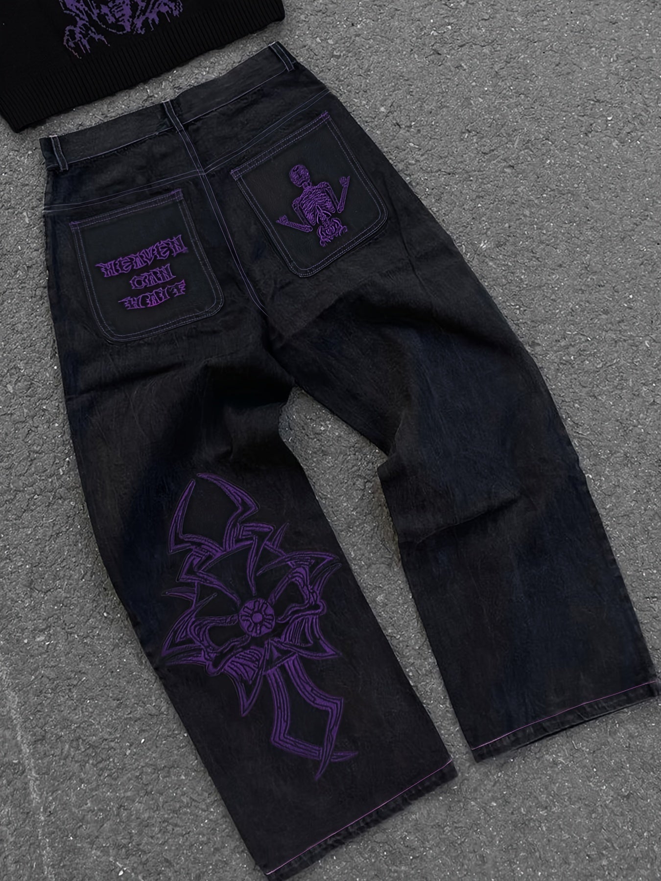 Halloween Y2k Skeleton Embroidery Jeans, Men's Casual Street Style Denim Pants