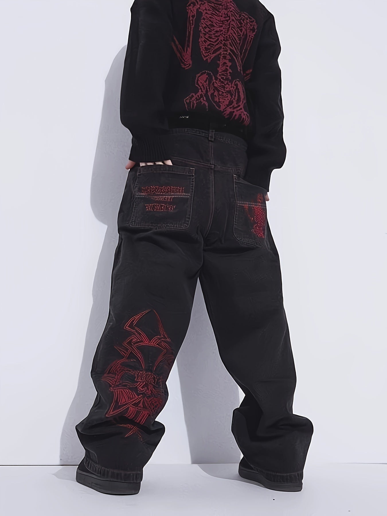 Men's Skeleton Embroidery Jeans, Casual Street Style Loose Fit Jeans, Halloween Gift