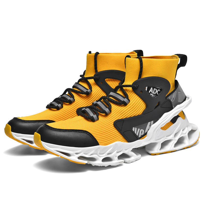 Men's High-Top Footwear in Yellow & Black - Breathable Mesh Upper with Stylish Graffiti Pattern, Non-Slip Rubber Sole for Sports & Leisure, Comfortable with Easy Lace-Up Design