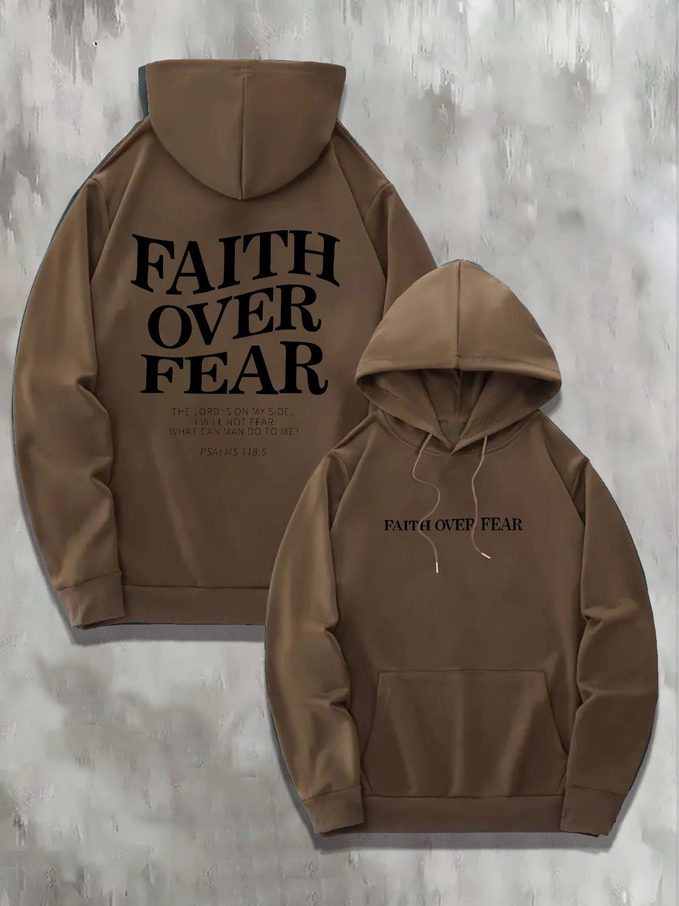 1pc KOURRTER Men'S Casual Polyester Hoodie with "Faith Over Fear" Print, Geometric Pattern, Slight Stretch Knit Fabric, Regular Fit, Hooded Collar, with Pocket - Fall/Winter Collection