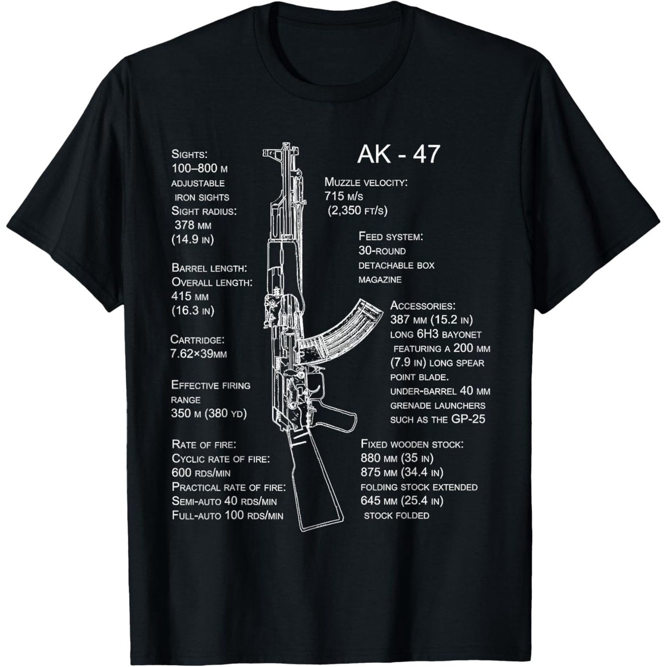 AK-47 Blueprint Design T-Shirt - 100% Cotton, 180g Fabric Weight, Comfortable & Breathable, Ideal for Casual Wear & Gifting, Sizes S-XXXL, Black with Detailed Gun Specs Print