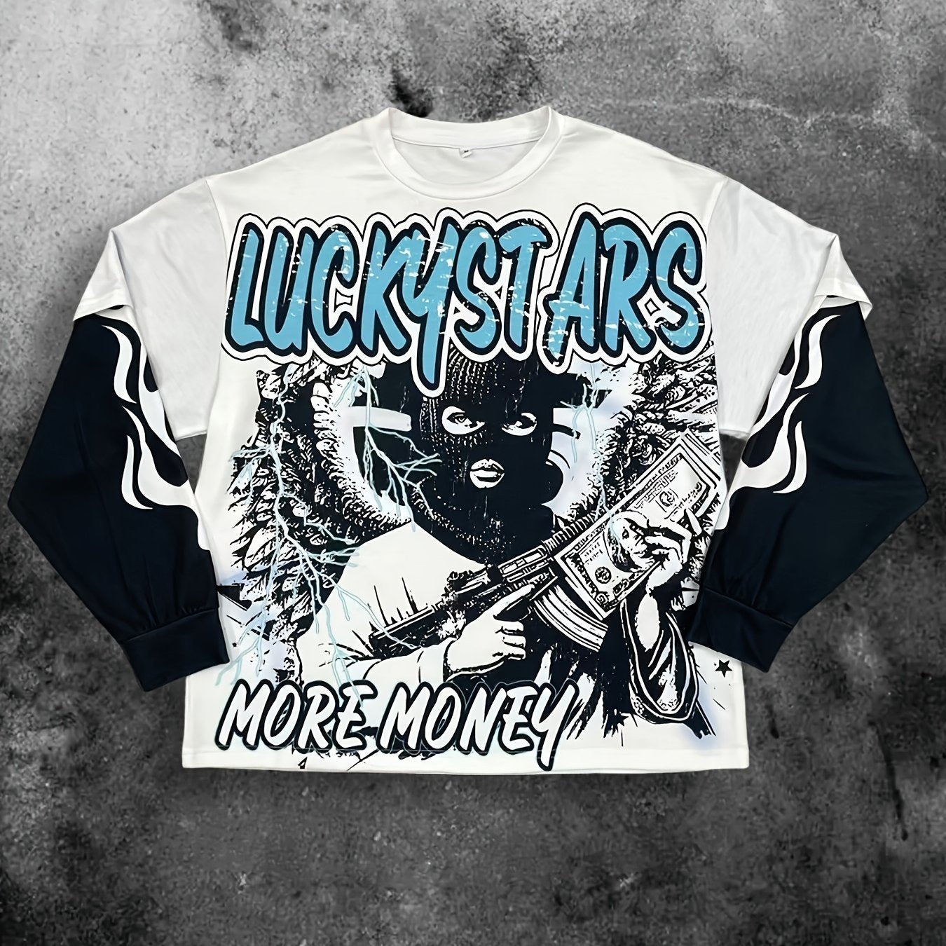 Streetwear Lucky Star More Money All-Print Double Layer Long Sleeve French Terry Cloth Imitation Two-Piece Designer Sweatshirt