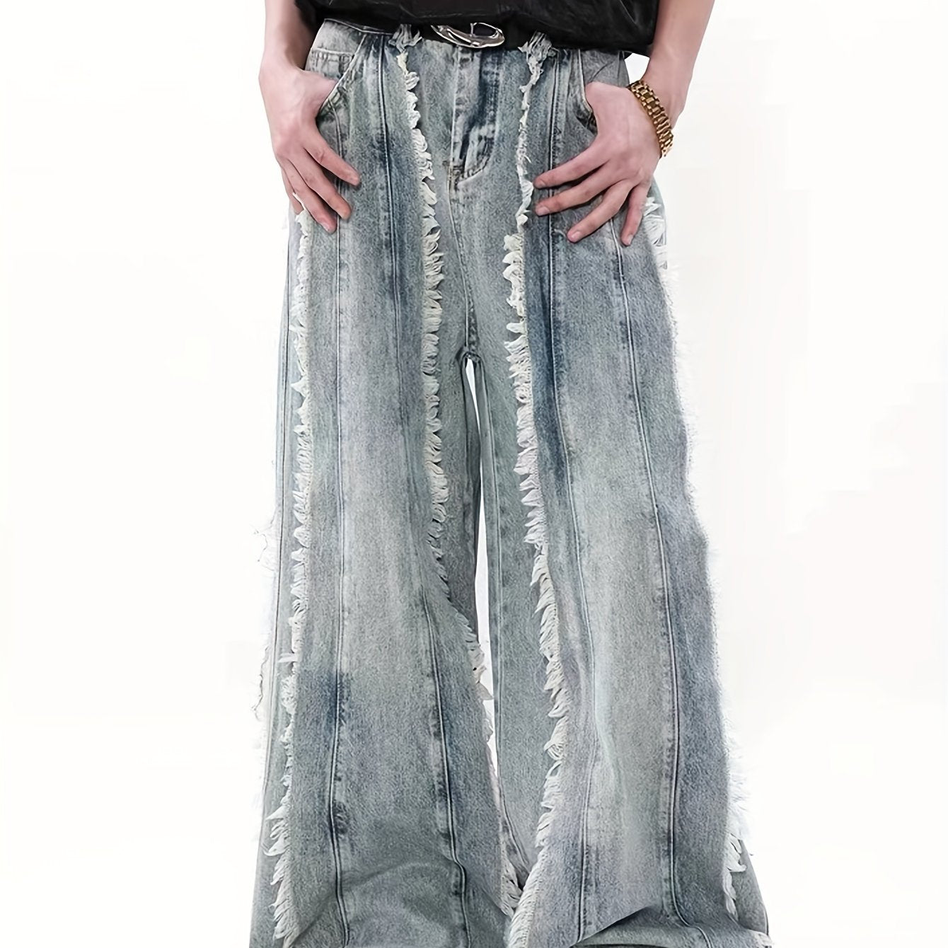 American Retro Waste Style Tassel Splicing Design Sense Jeans Men's Small Crowd Loose Wide Leg Pants