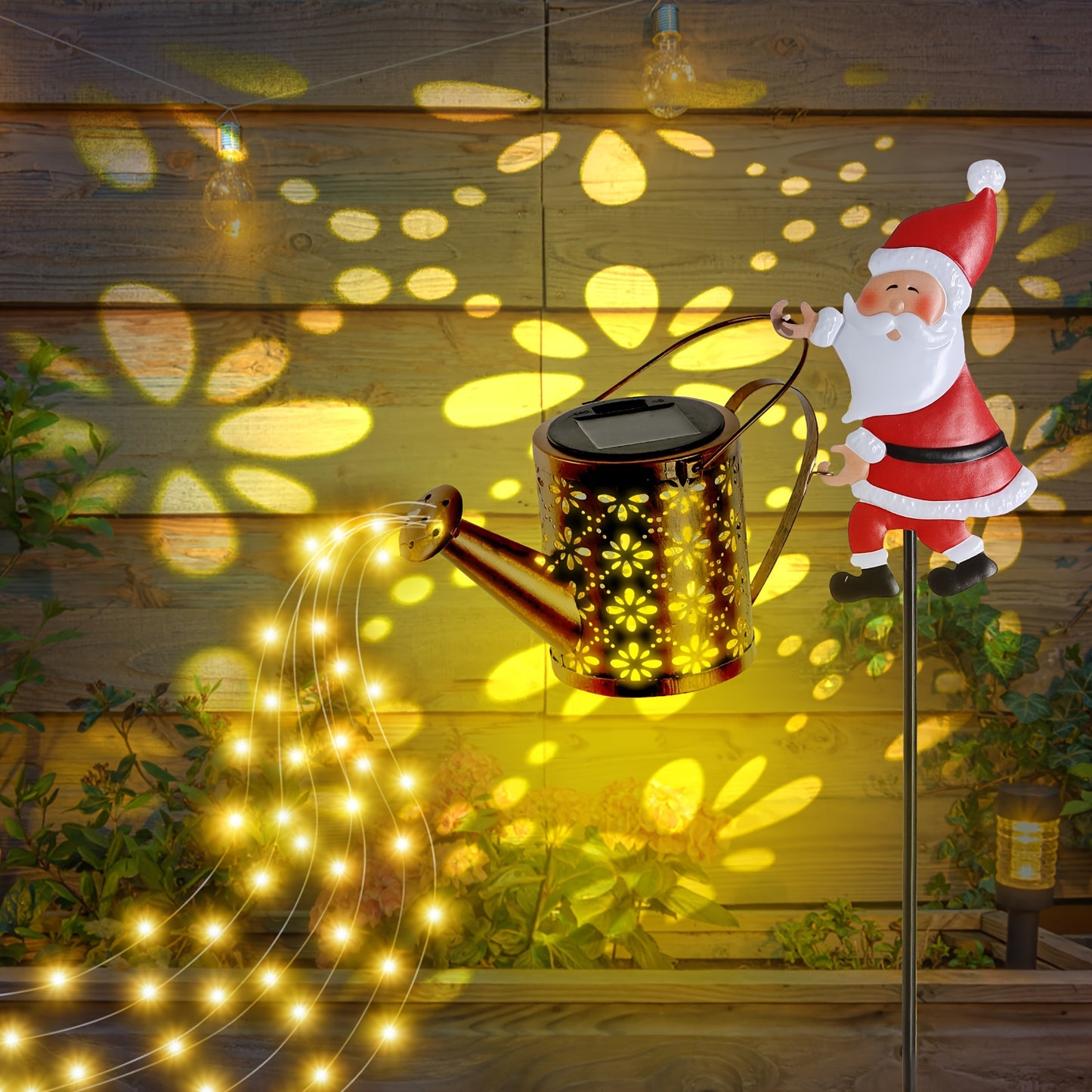 Santa Claus Solar-Powered Watering Can Light - Warm Yellow LED & Pouring Effect, Metal Decorative Garden Stake for Patio, Lawn, and Pathway Christmas Landscape Lighting