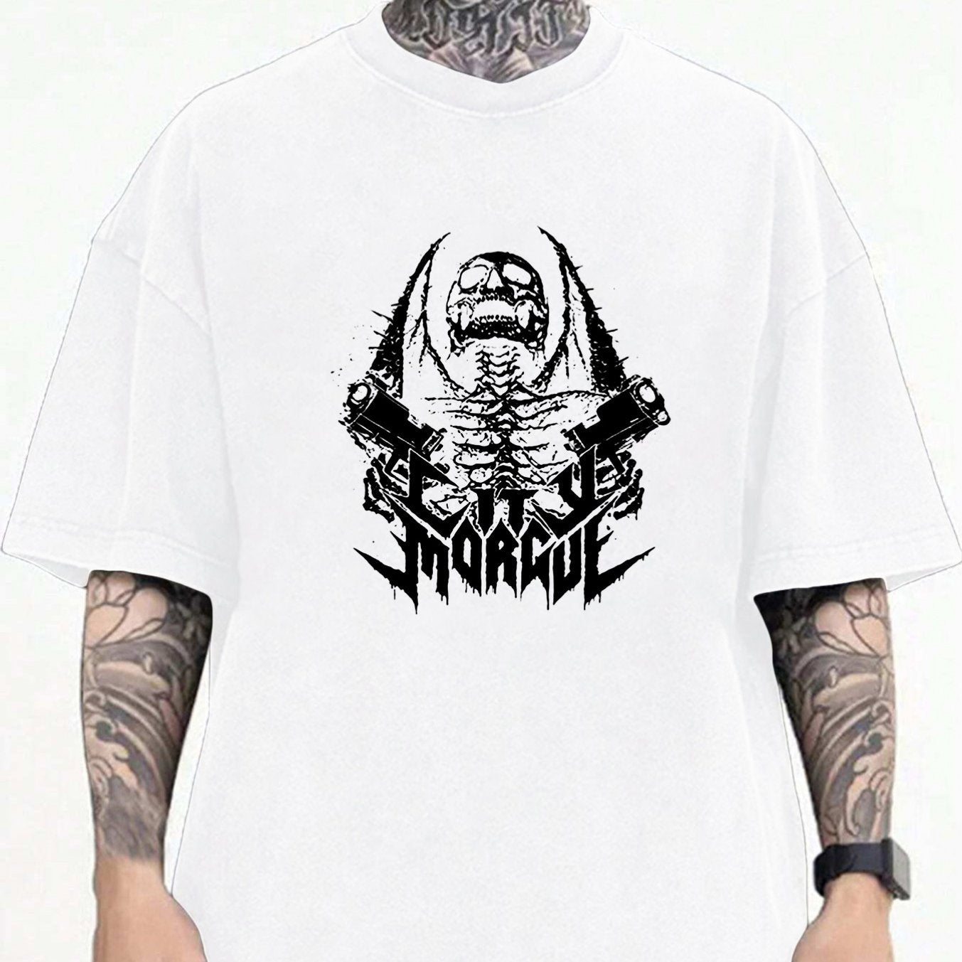 Men's Casual Loose-Fit Short Sleeve T-Shirt with Dual Gun Skull City Morgue Print, Polyester, Round Neck - Machine Washable, Buyers, Marlo