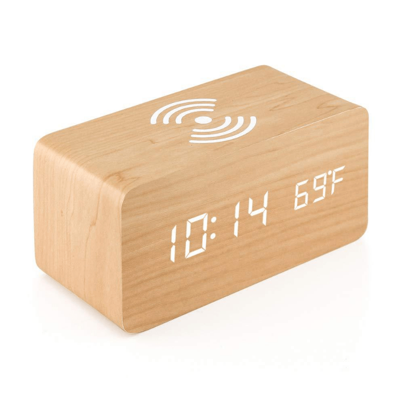 Digital Wooden Alarm Clock With Wireless Charging For Phone, 0-100% Dimmer, Dual Alarm, Weekend Mode, Snooze, Wood LED Clocks For Bedroom, Bedside, Desk