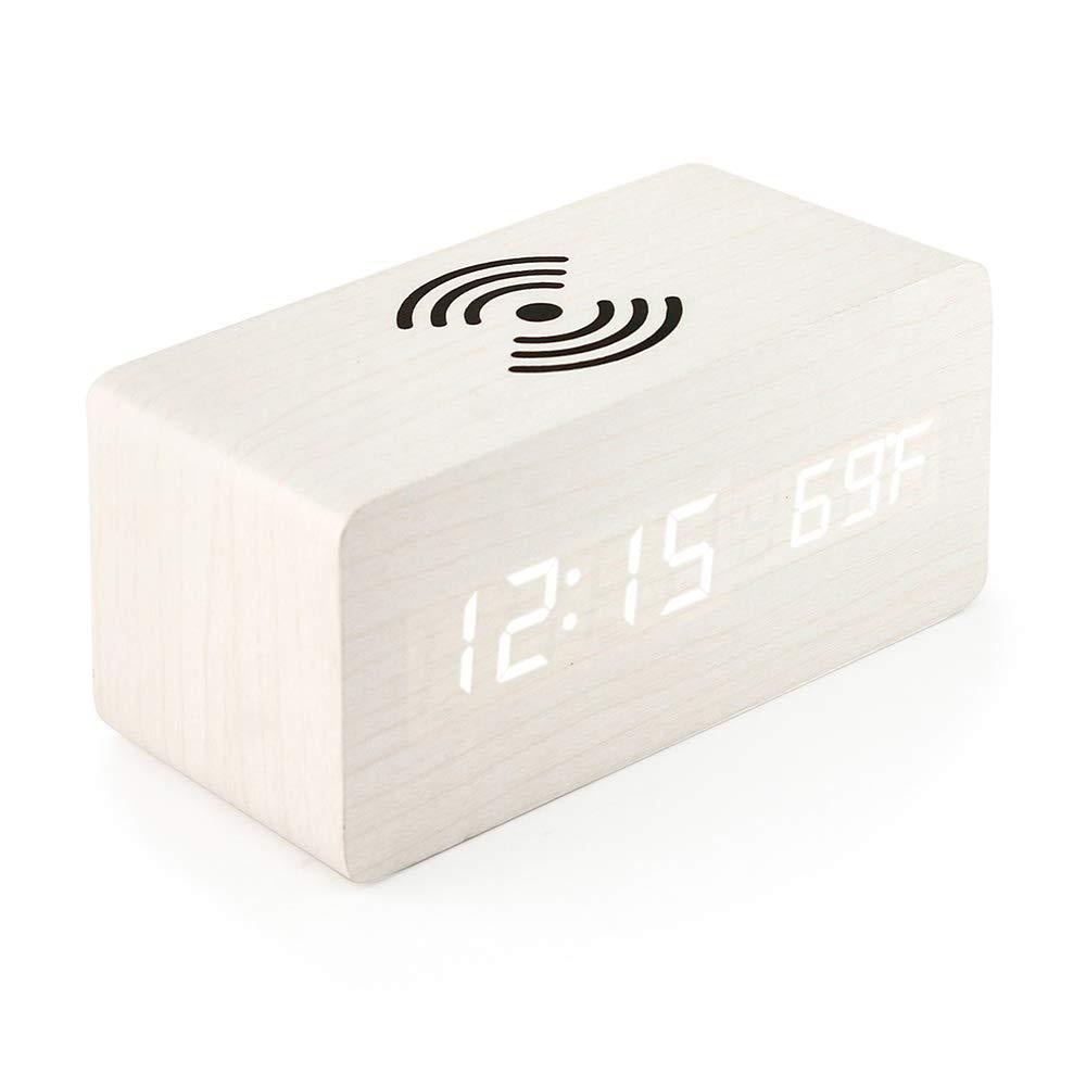 Digital Wooden Alarm Clock With Wireless Charging For Phone, 0-100% Dimmer, Dual Alarm, Weekend Mode, Snooze, Wood LED Clocks For Bedroom, Bedside, Desk