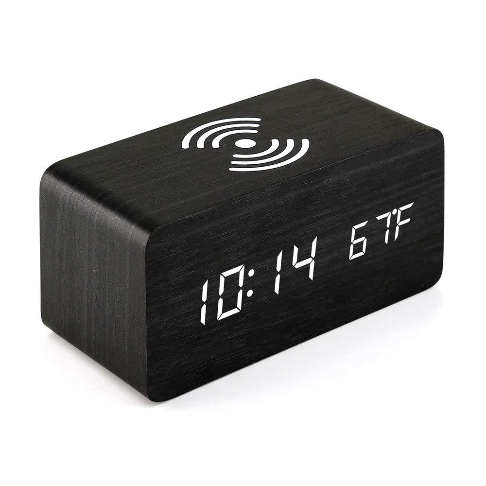 Digital Wooden Alarm Clock With Wireless Charging For Phone, 0-100% Dimmer, Dual Alarm, Weekend Mode, Snooze, Wood LED Clocks For Bedroom, Bedside, Desk