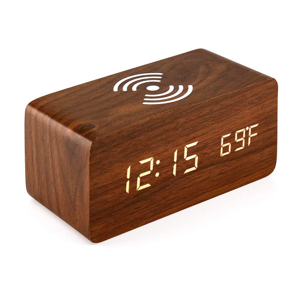 Digital Wooden Alarm Clock With Wireless Charging For Phone, 0-100% Dimmer, Dual Alarm, Weekend Mode, Snooze, Wood LED Clocks For Bedroom, Bedside, Desk