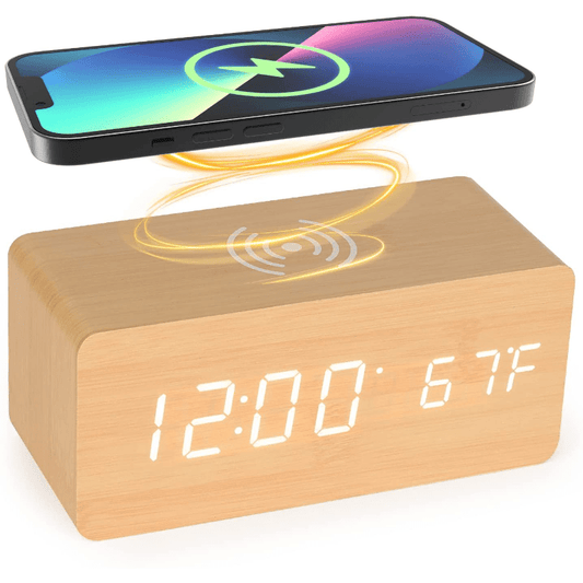 Digital Wooden Alarm Clock With Wireless Charging For Phone, 0-100% Dimmer, Dual Alarm, Weekend Mode, Snooze, Wood LED Clocks For Bedroom, Bedside, Desk